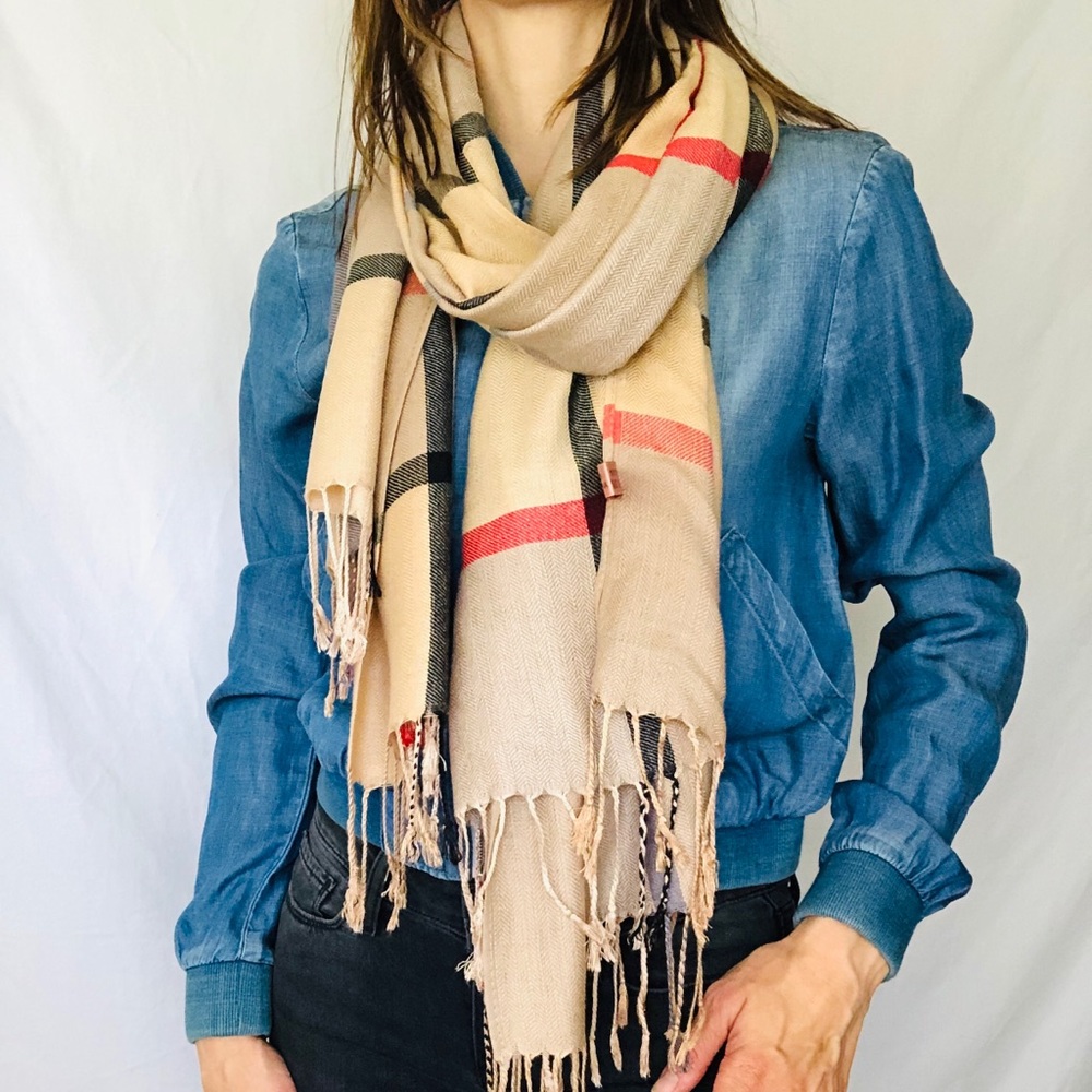 Navy, red, taupe plaid scarf